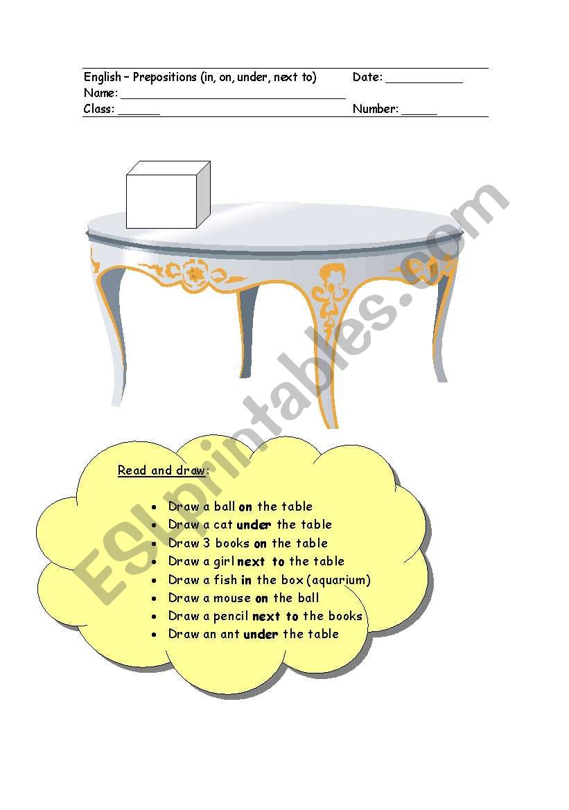 Worksheet (prepositions of place: in, on, under, next to)