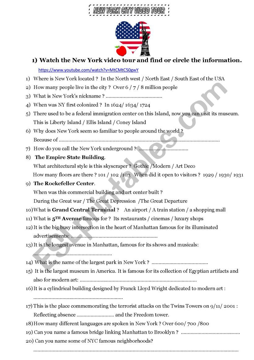 New York City video tour worksheet