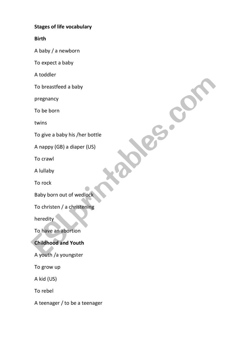 Stages of life vocabulary worksheet