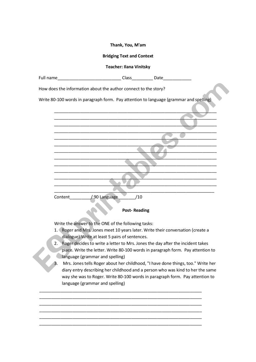 Bridging Task and Postreading Task Thank You, Mam 4 pts