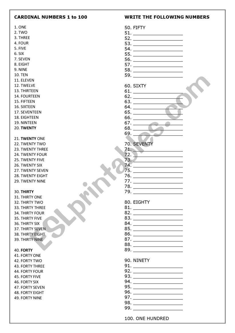 Cardinal numbers 1 to 100 worksheet