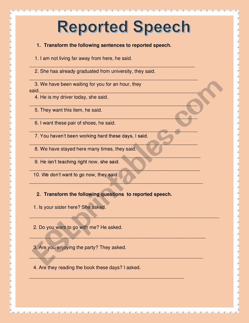 Reported speech  worksheet