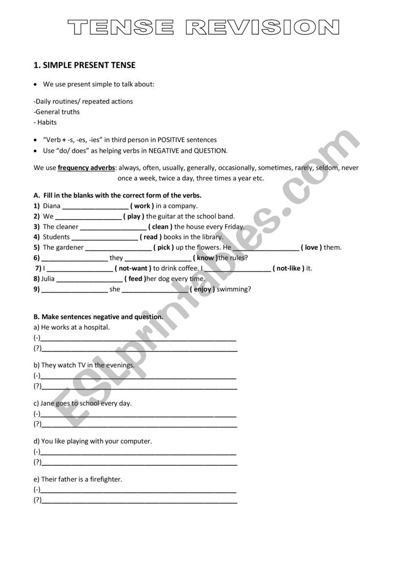 tense revision worksheet worksheet