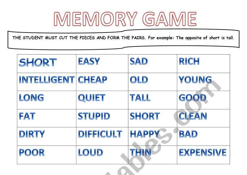 Memory Game Adjectives. worksheet