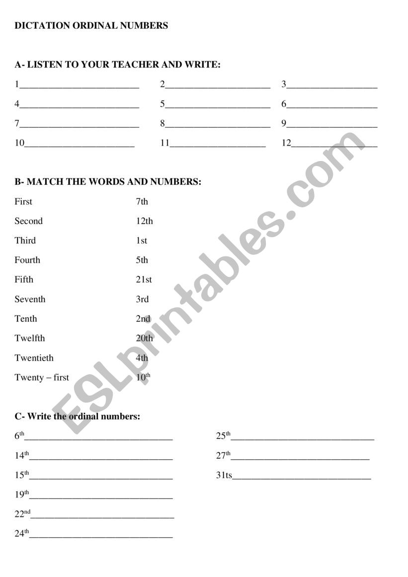 Ordinal Numbers worksheet