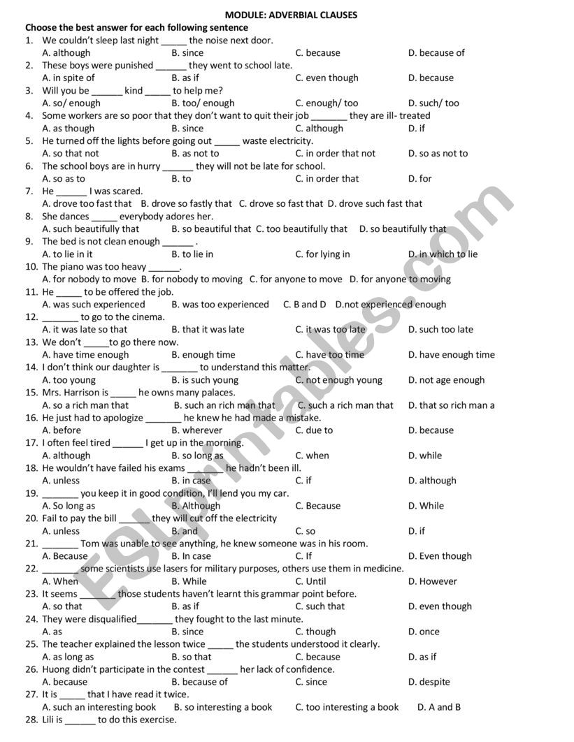 adverbial clauses  worksheet