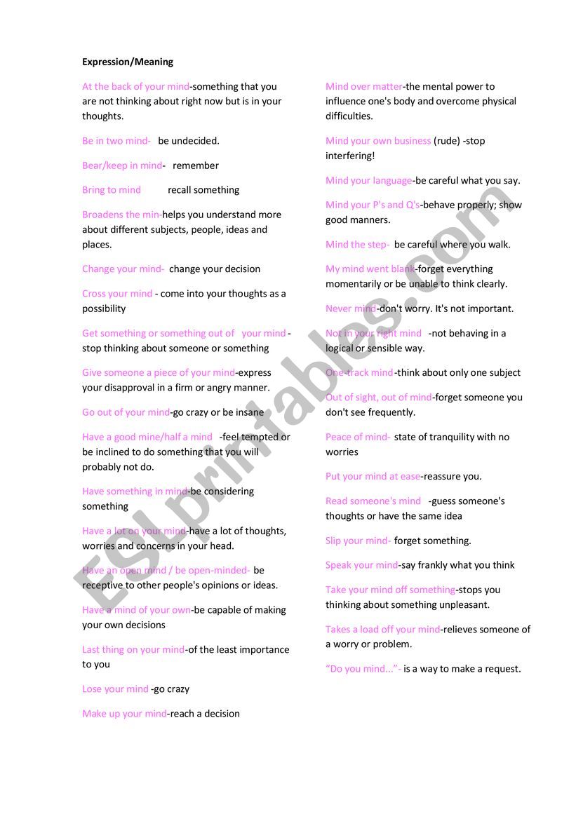 Expression with mind worksheet