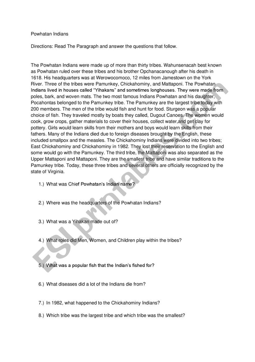 Powhatan Indians Worksheet  worksheet