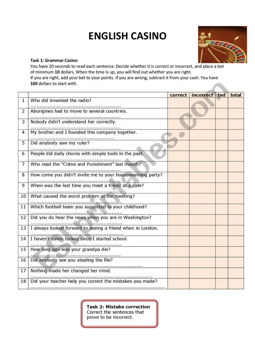 English Casino worksheet