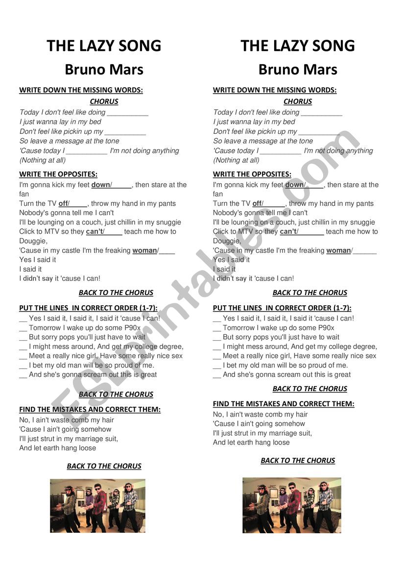 Lazy Song Bruno Mars worksheet