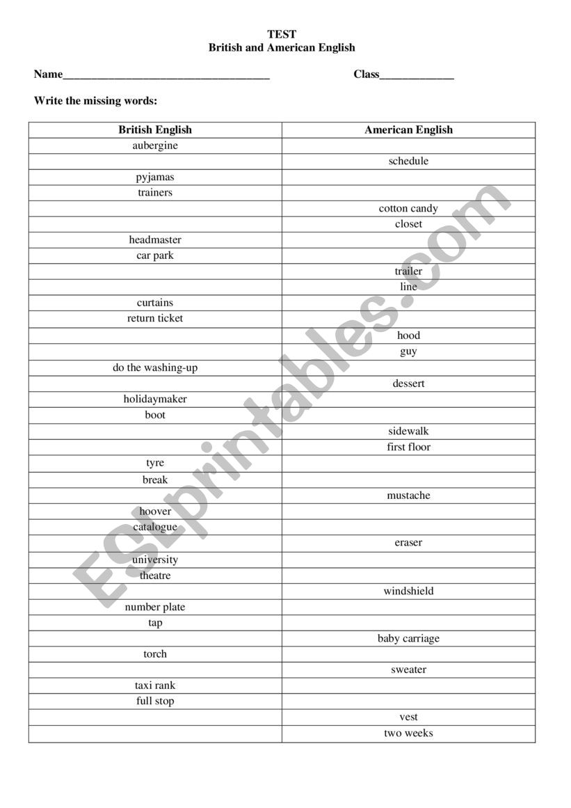 British and American English worksheet