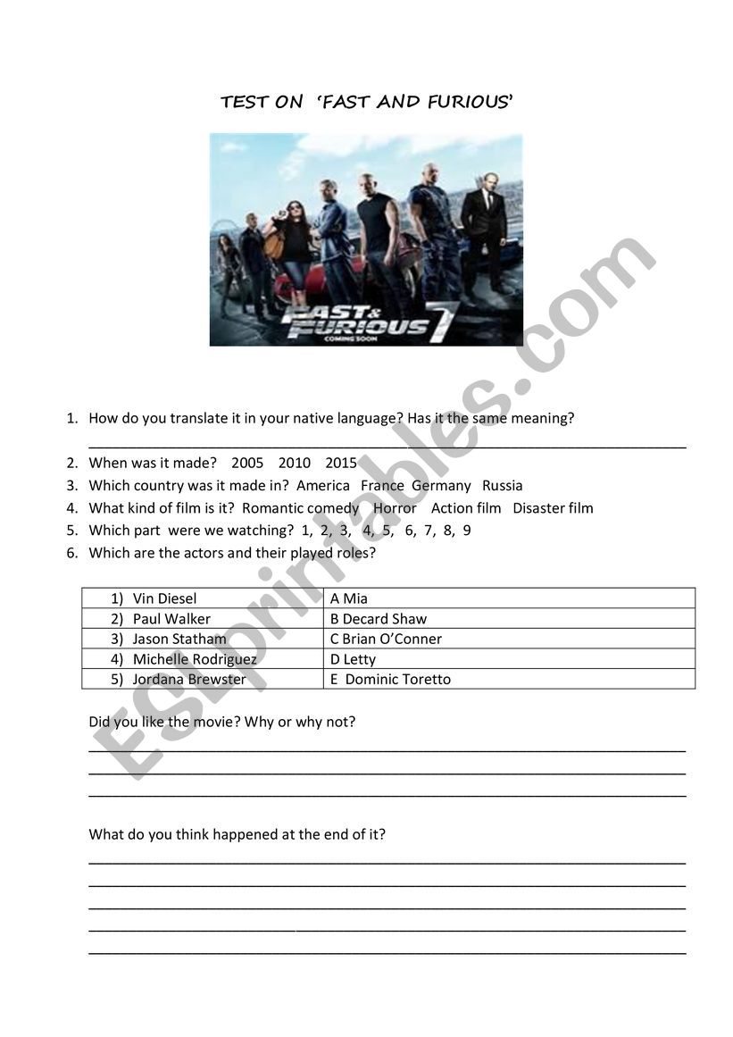Movies: Fast and furious 7 worksheet