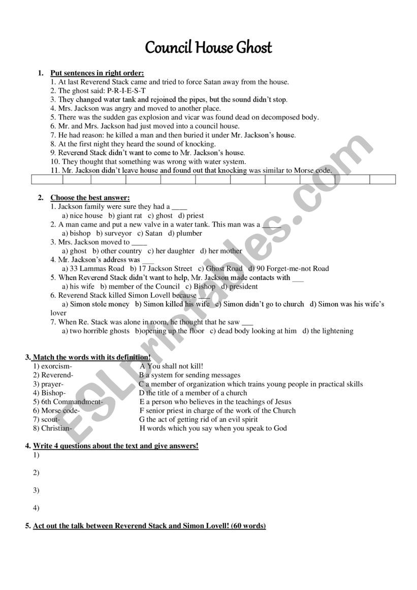 The council house ghost worksheet