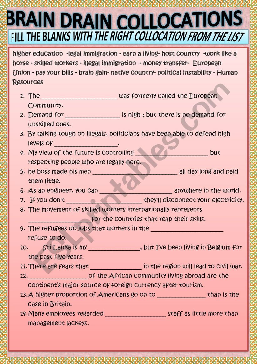 BRAIN DRAIN  COLLOCATIONS worksheet