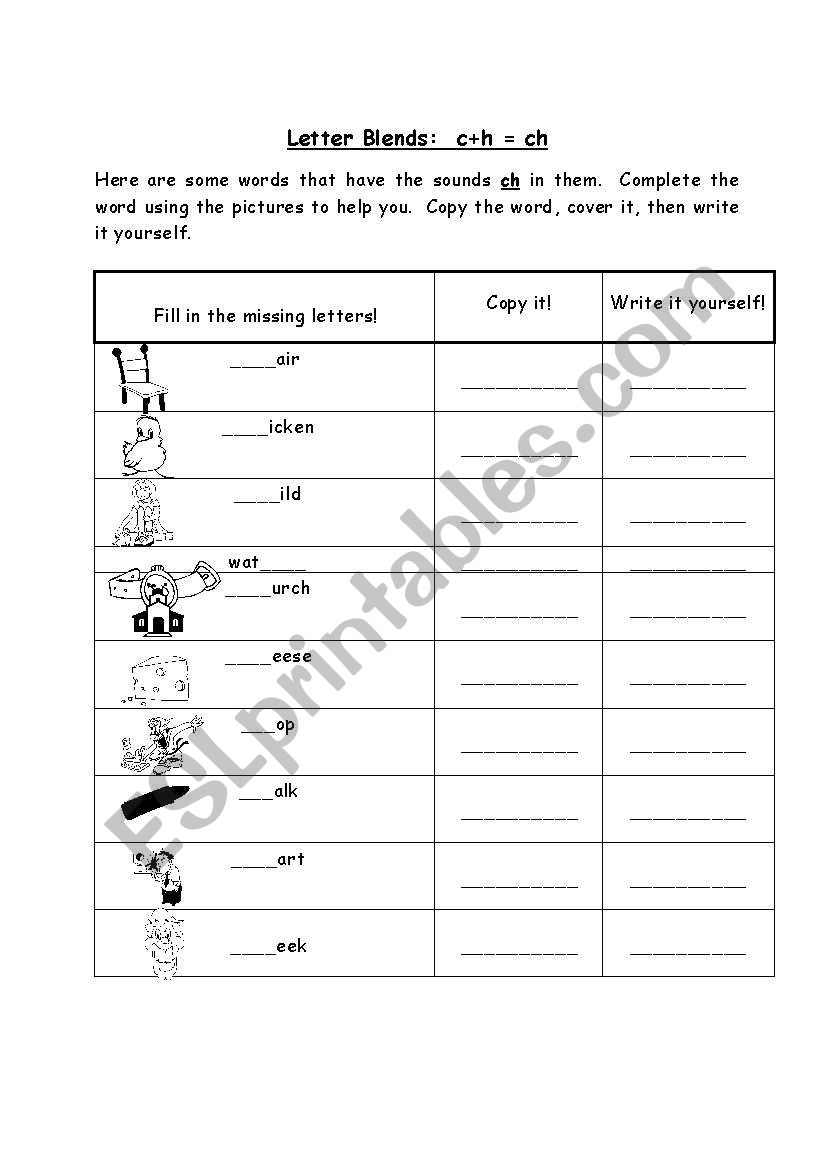 letter blends ch worksheet