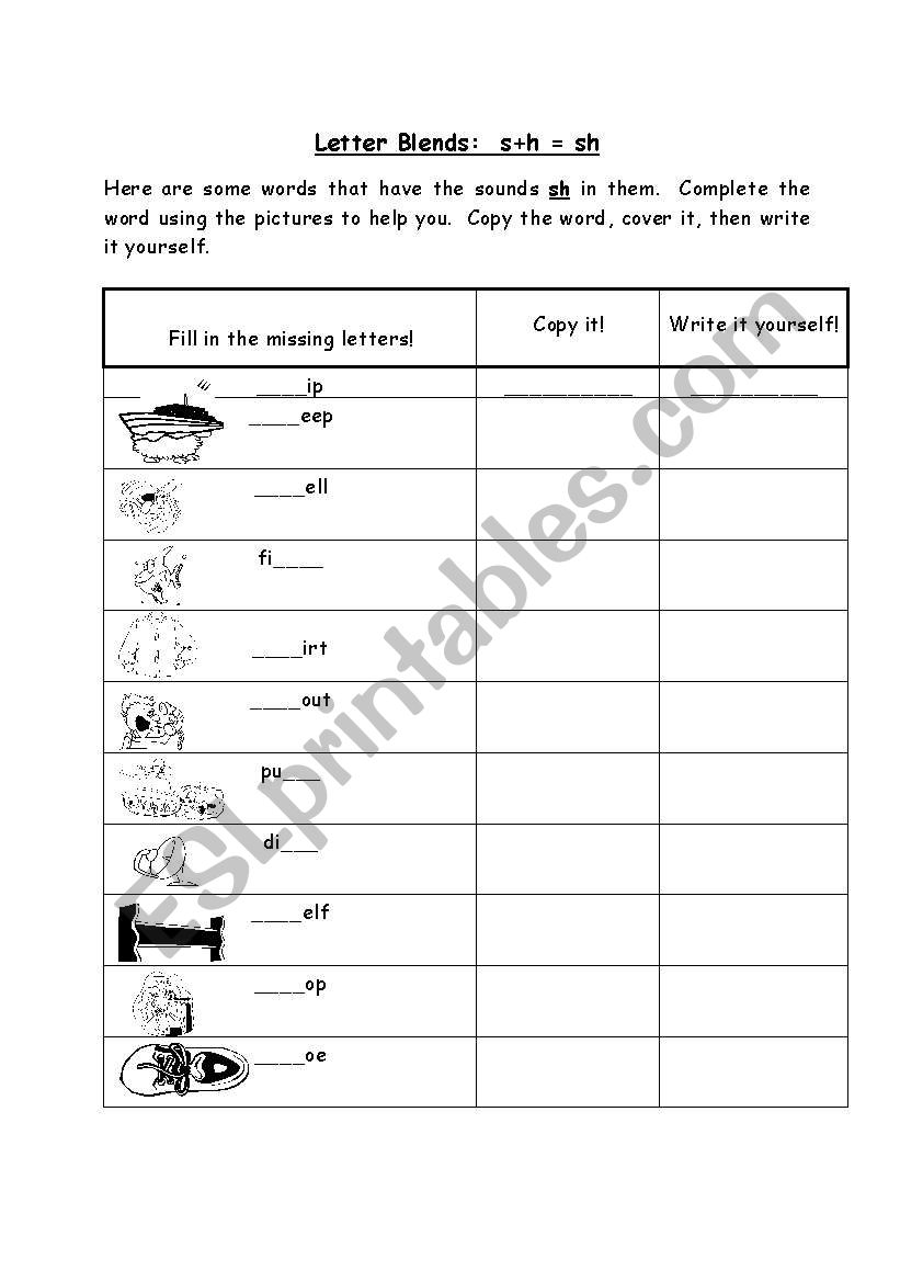 letter blend sh worksheet