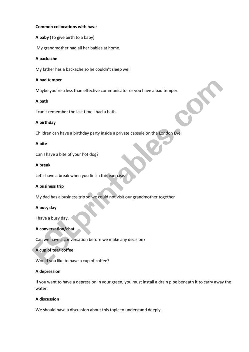 Common collocations with have worksheet