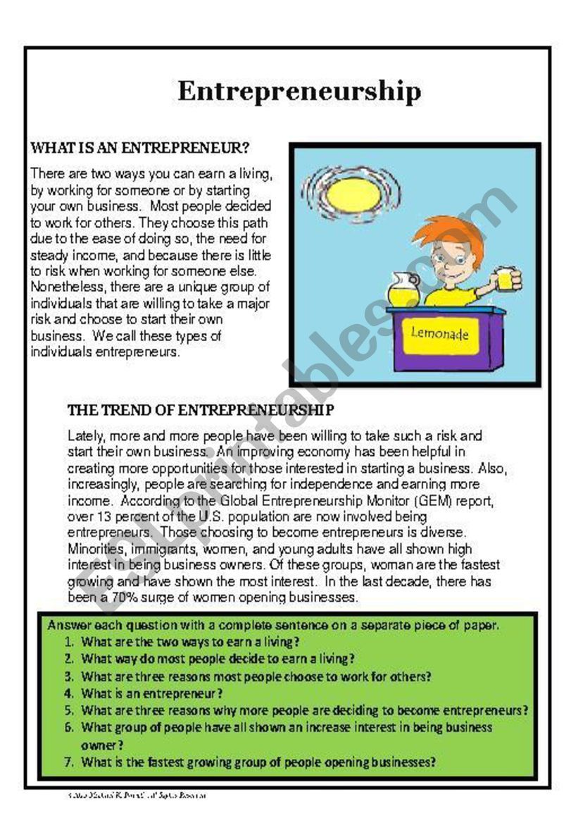 Free Entrepreneurship Classwork Sheets