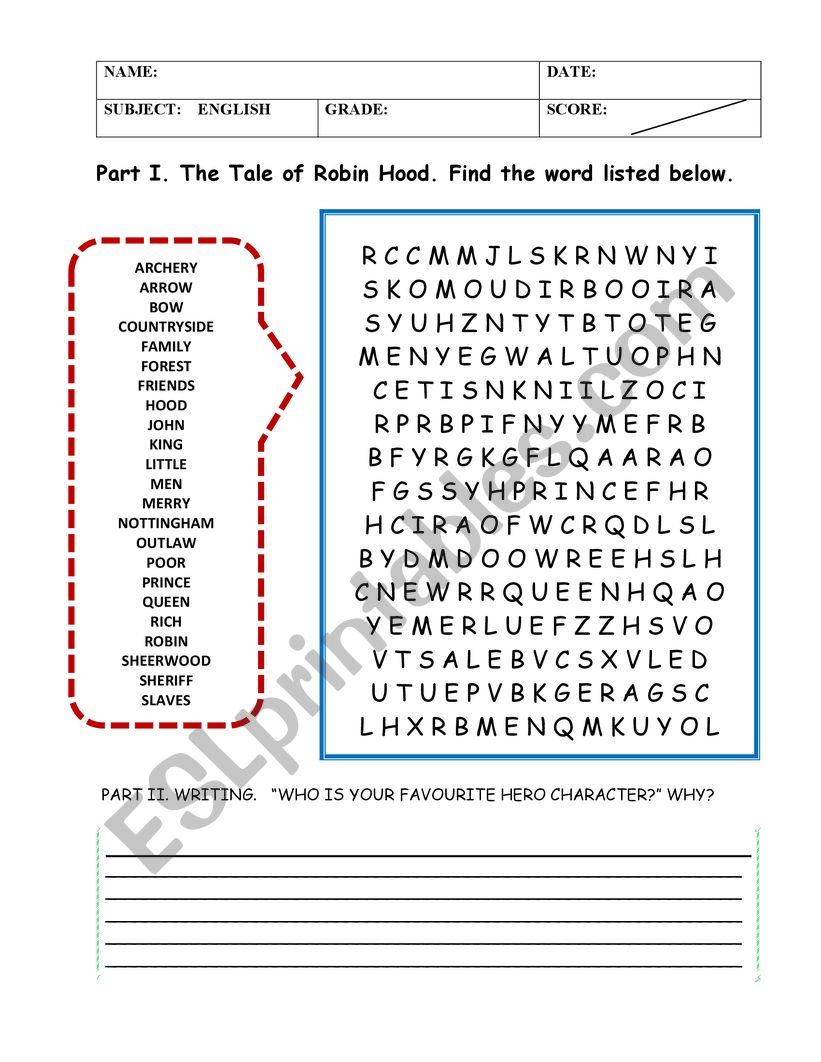 THE TEALE OF ROBIN HOOD worksheet