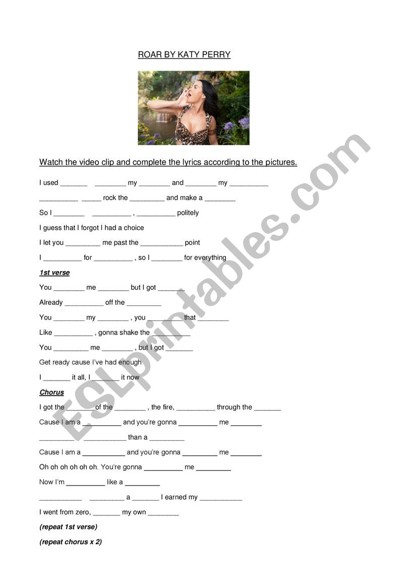 Roar by Katy Perry worksheet