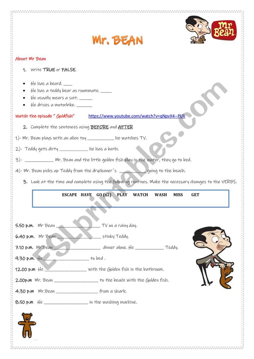Mr. Bean: Goldfish worksheet