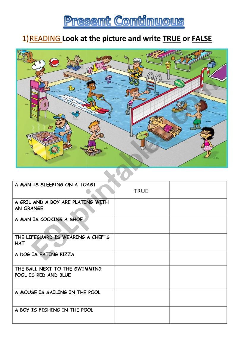 PRSENT CONTINUOUS: WHAT ARE THEY DOING? LOOK, READ AND ANSWER TRUE OR FALSE