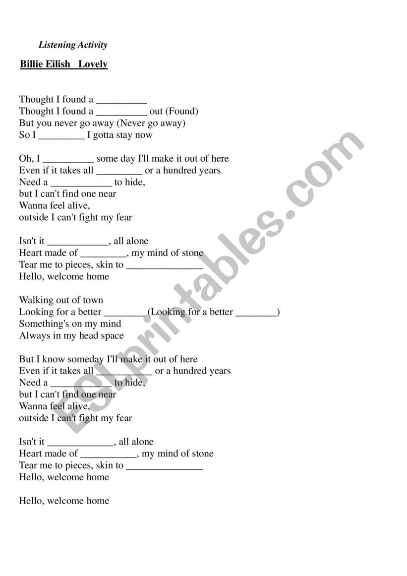 Billie Eilish Lovely worksheet