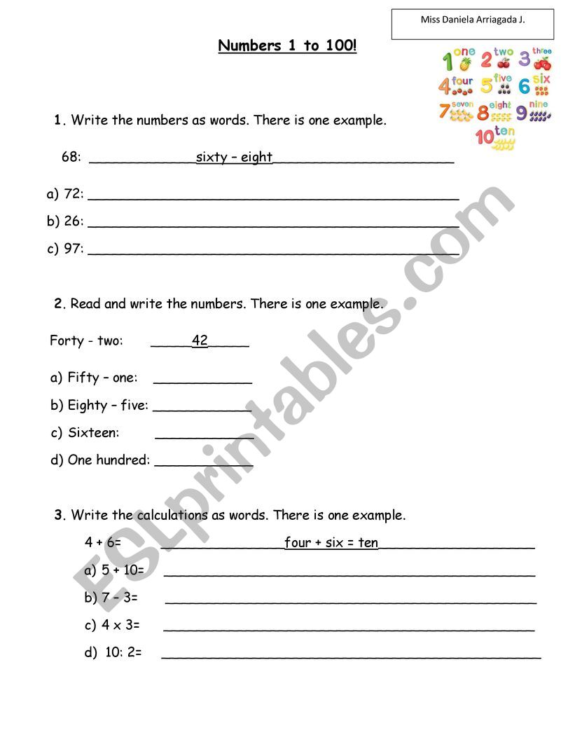 Numbers 1 to 100 worksheet