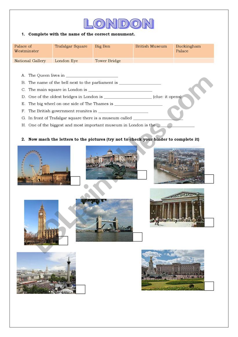 London landmarks worksheet