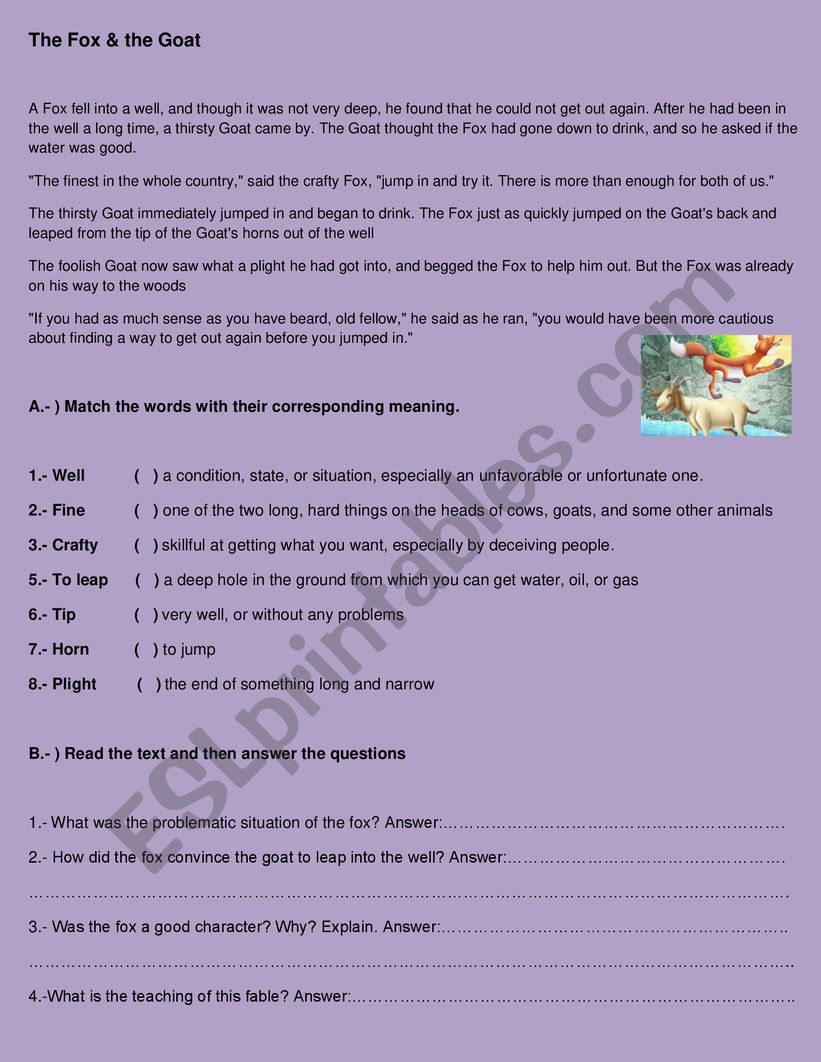 The fox and the goat. worksheet