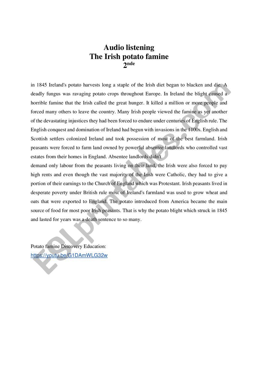 The Irish Potato Famine worksheet