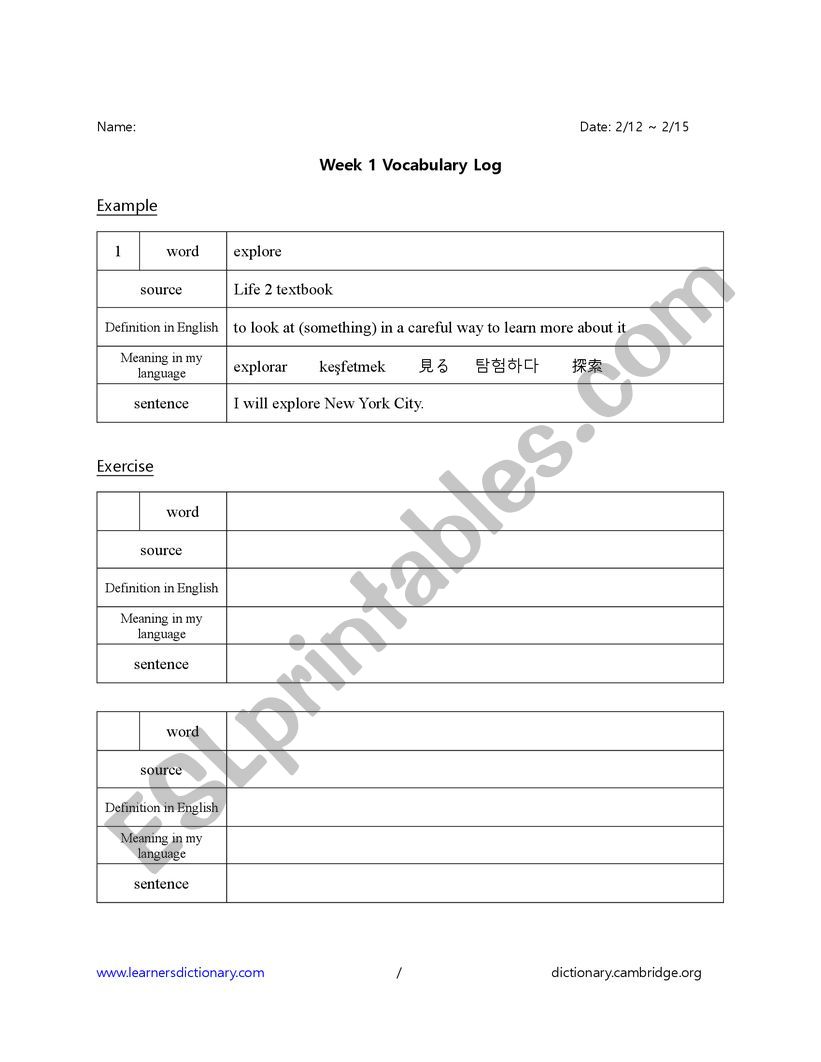 ESL Vocabulary Log worksheet