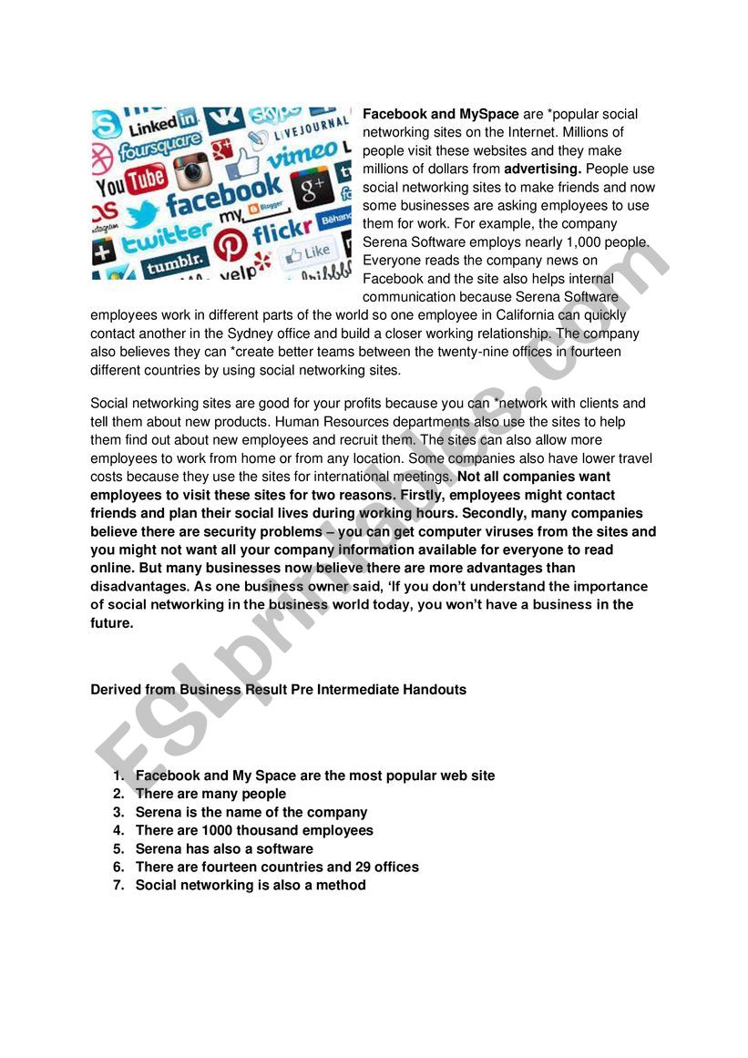 Social networking worksheet