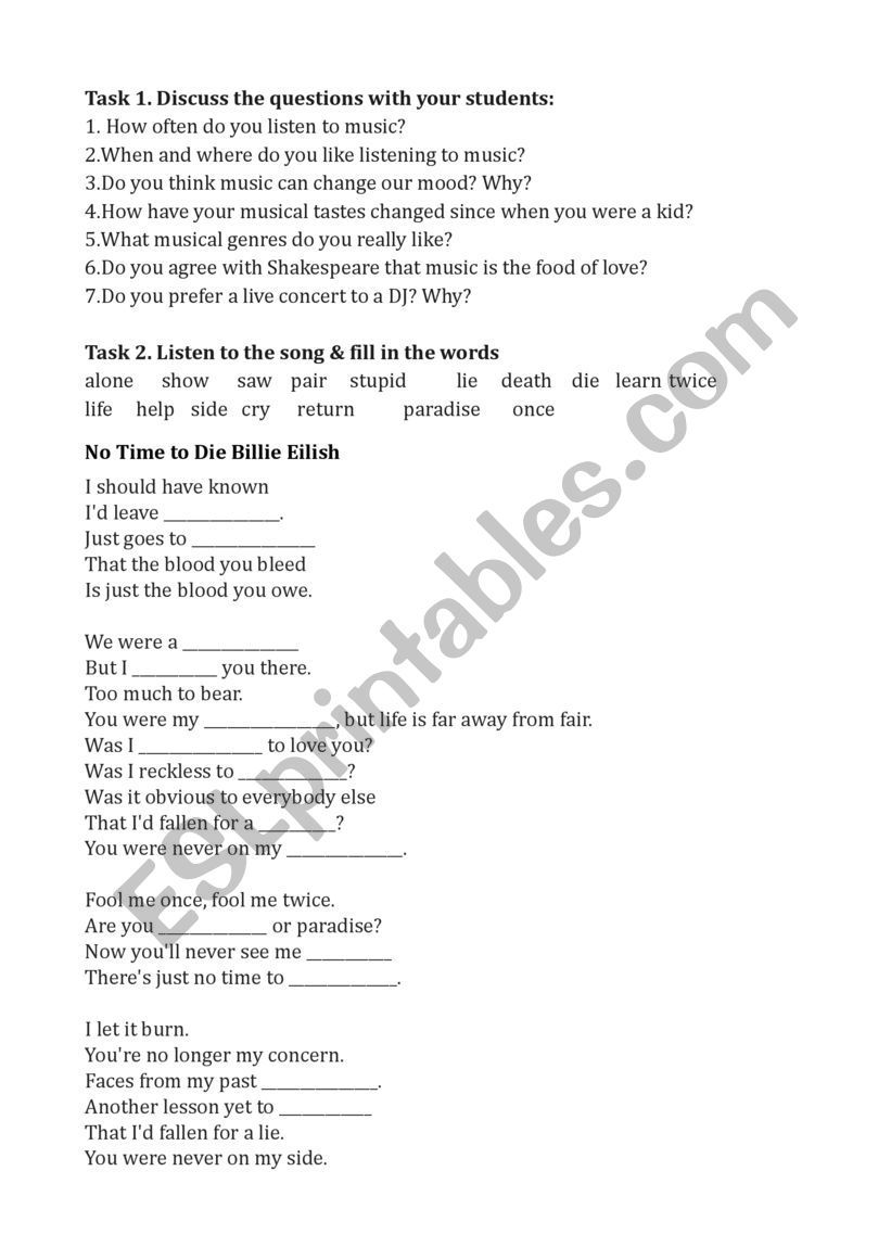 Billie Eilish No time to die worksheet