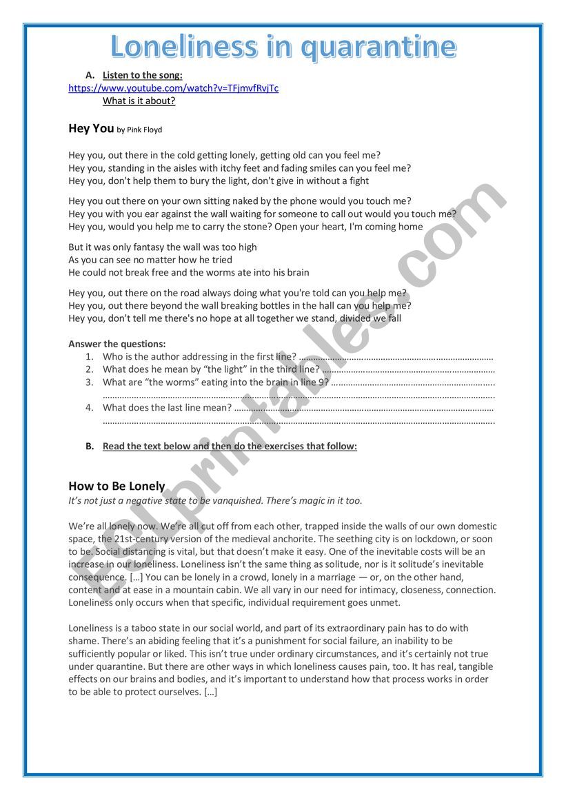 Four Skills Lesson 2 - Loneliness in quarantine