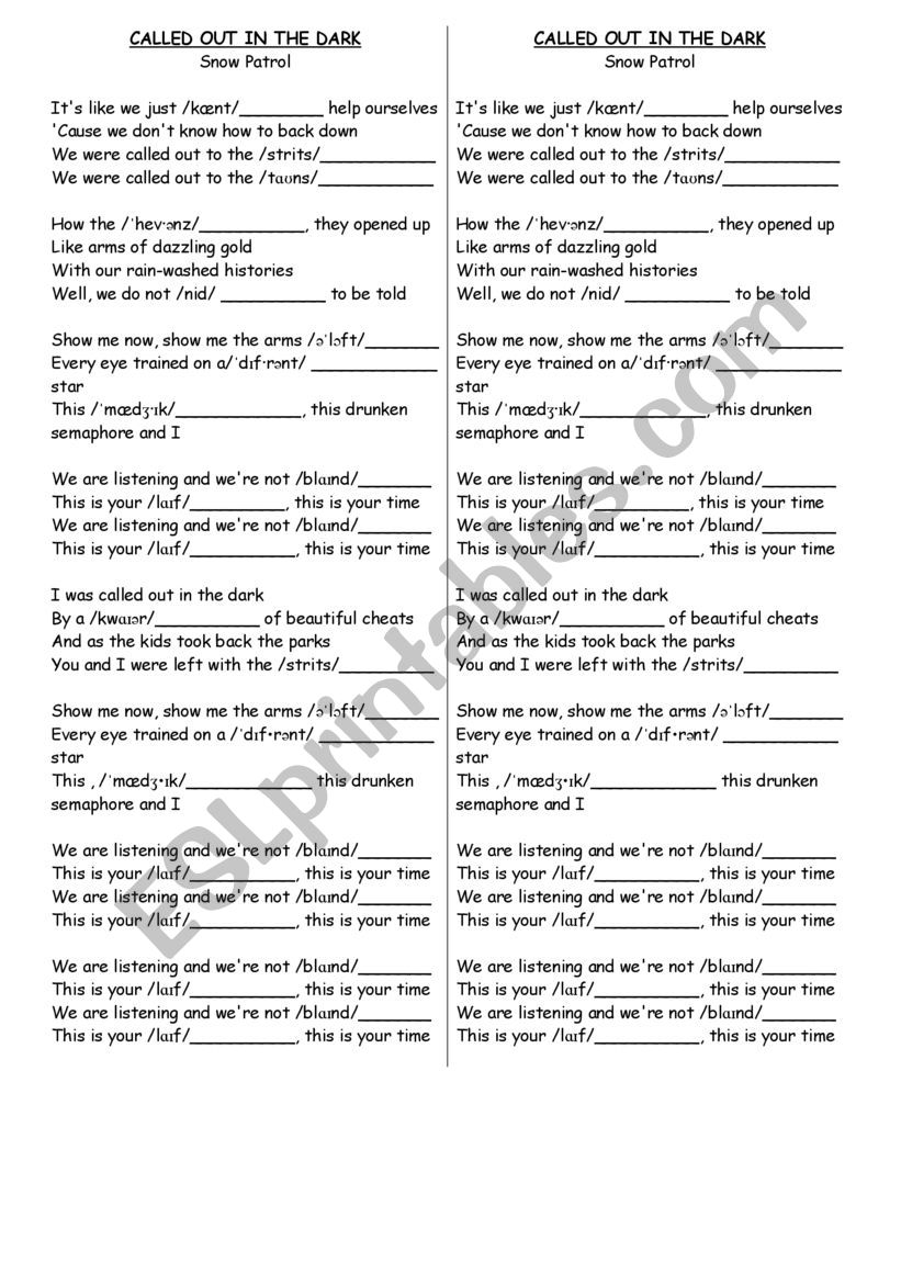 Song Activity - Called out in the dark