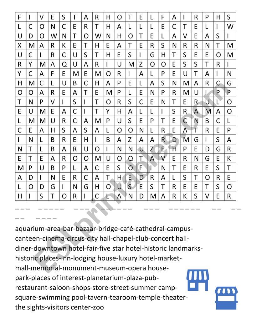 WORDSEARCH : TRAVEL-TOWN worksheet