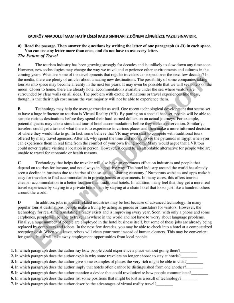 Exam for 9th Graders worksheet