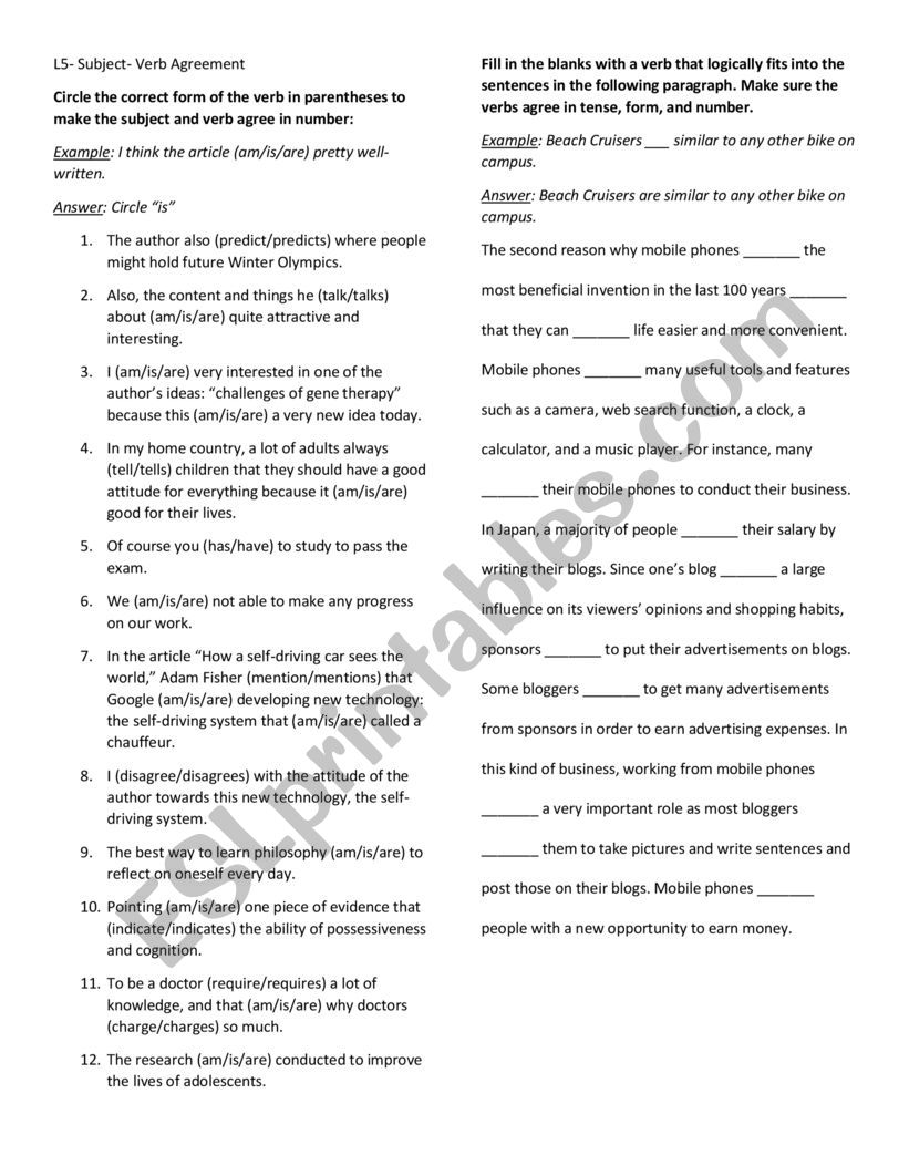 Subject-verb agreemen worksheet