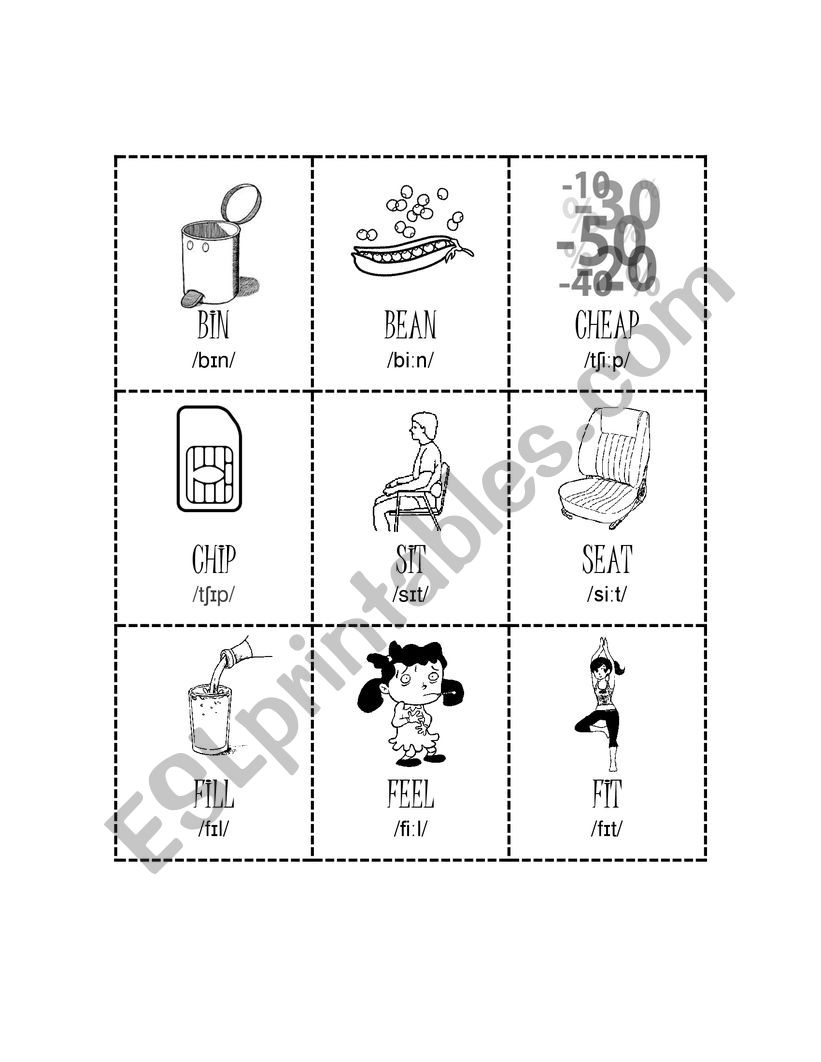 Bingo fonemas /i:/ y /I/ worksheet
