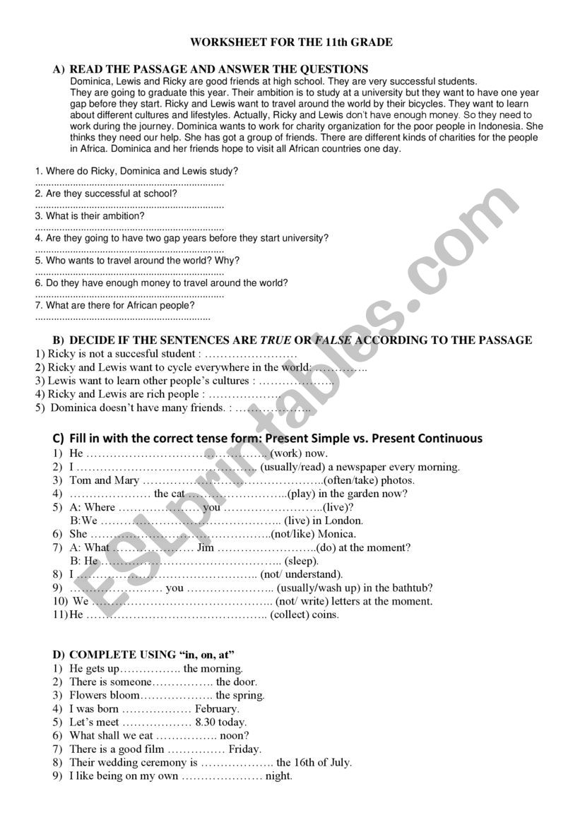 General Study Worksheet for 11th Graders