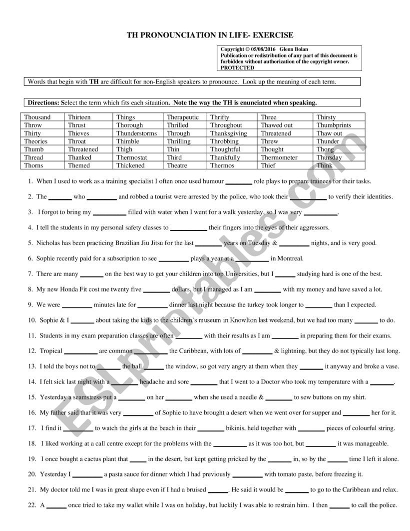 Th pronunciation in Life worksheet