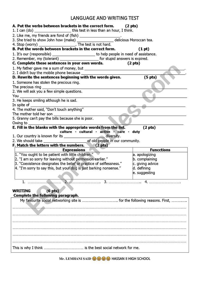 language and writing test worksheet