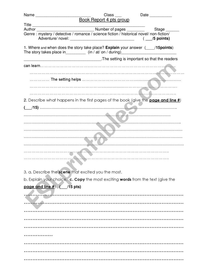 Book Report worksheet