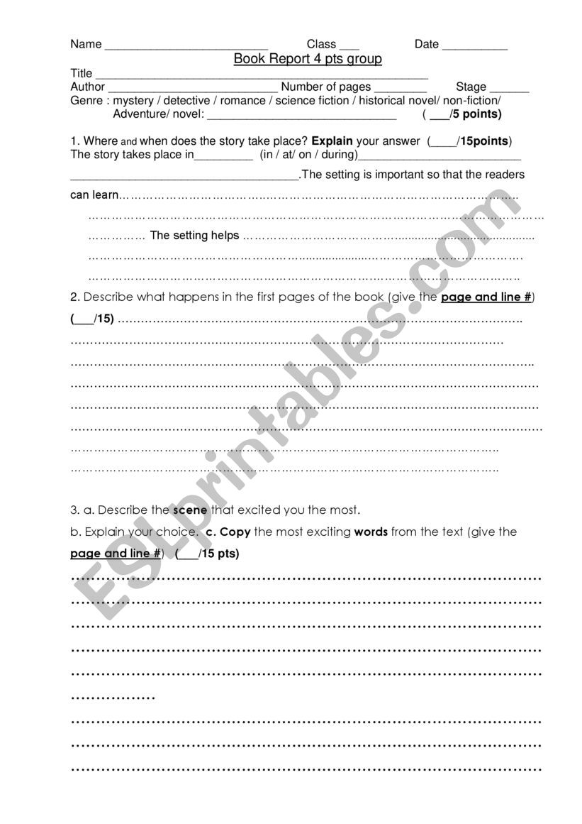 Book Report worksheet