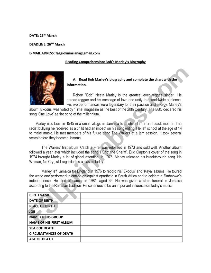 Bob Marley�s Biography worksheet