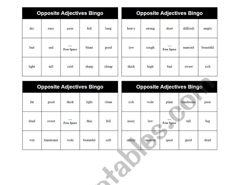 Bingo opposite adjectives worksheet