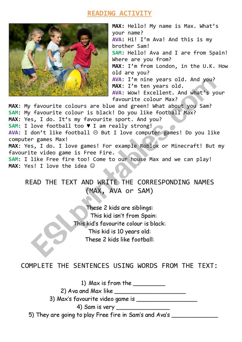 Reading activity (elementary) worksheet