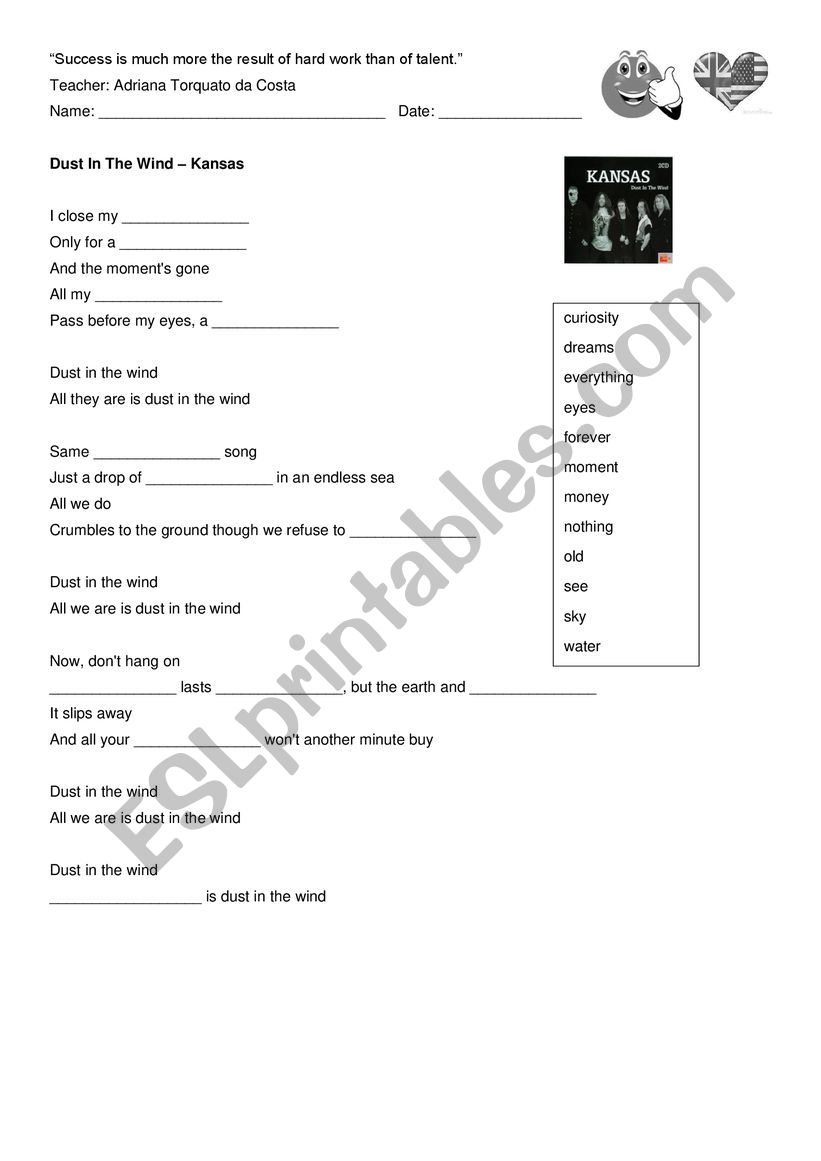 Dust in the wind worksheet