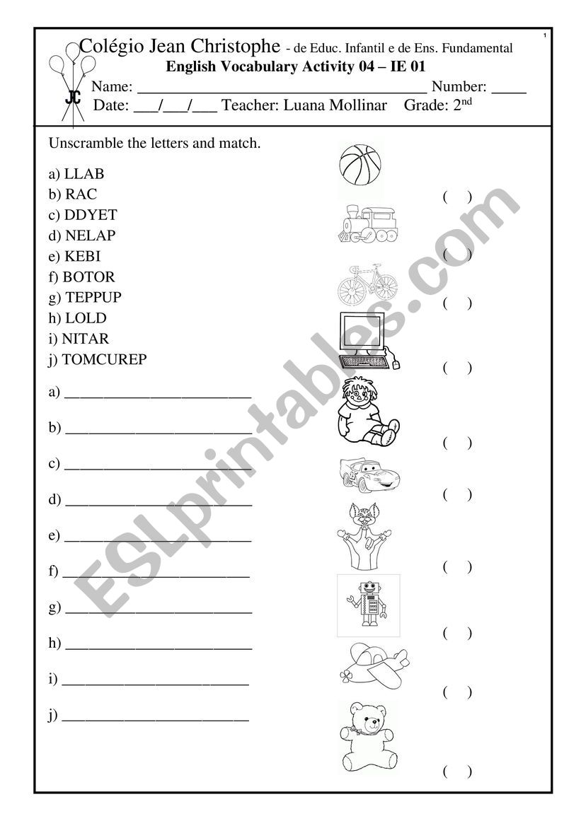 Unscramble word - Toys worksheet